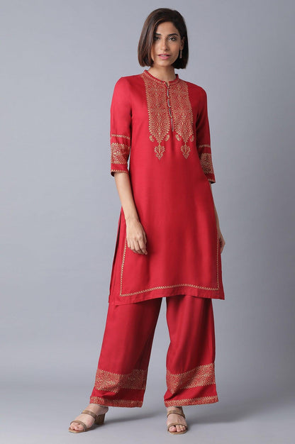 W for Woman Red Printed kurta-Parallel Pant Set