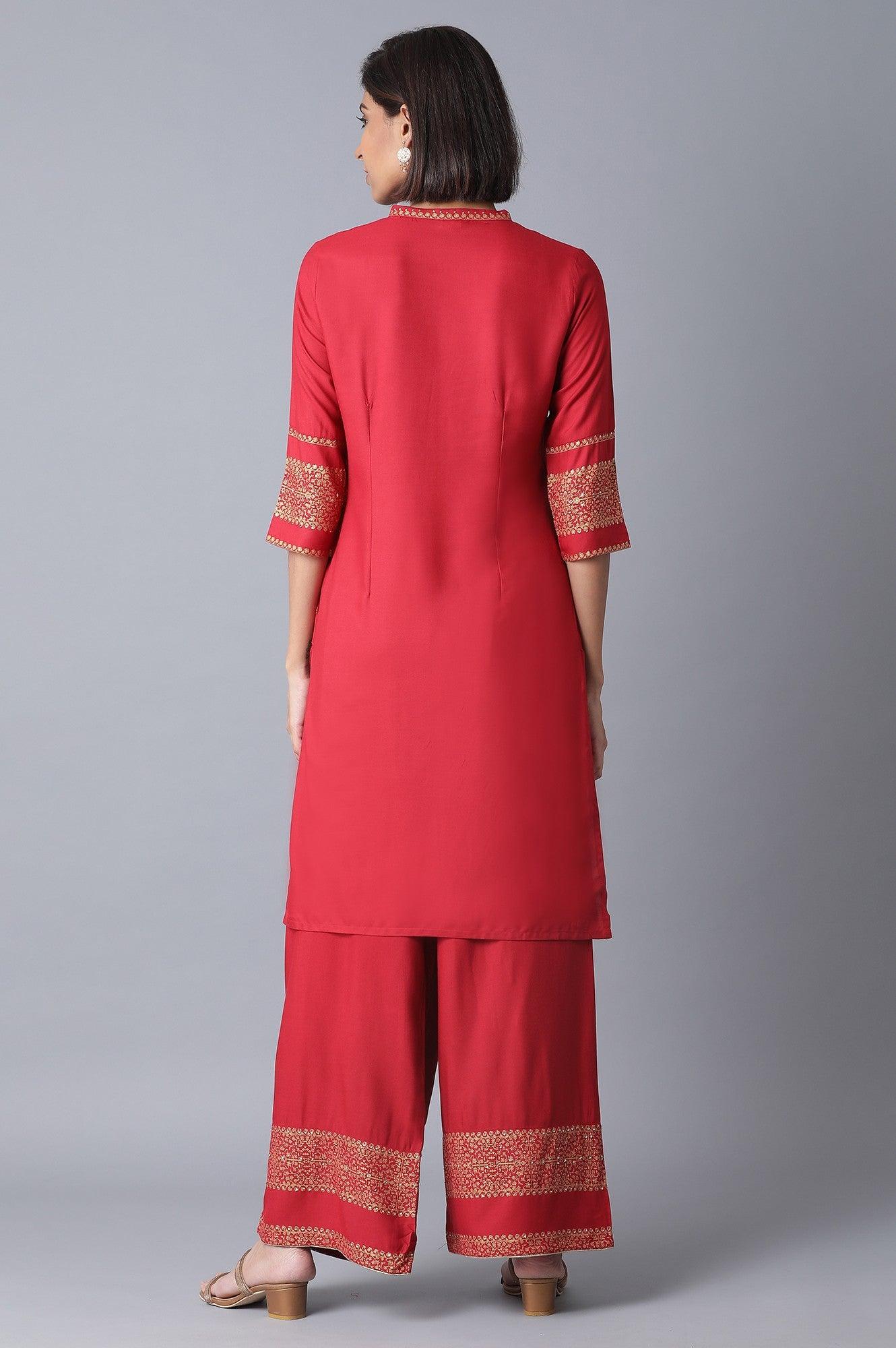 W for Woman Red Printed kurta-Parallel Pant Set