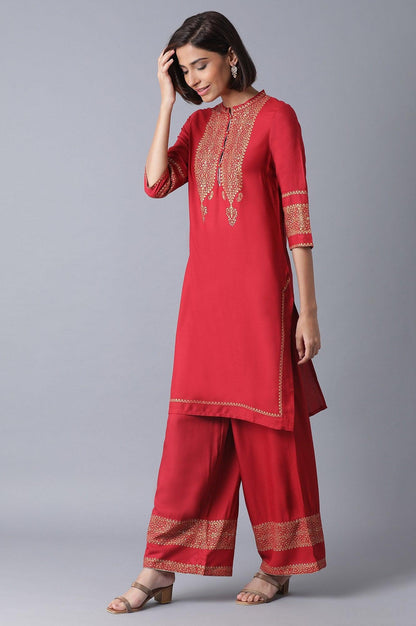 W for Woman Red Printed kurta-Parallel Pant Set