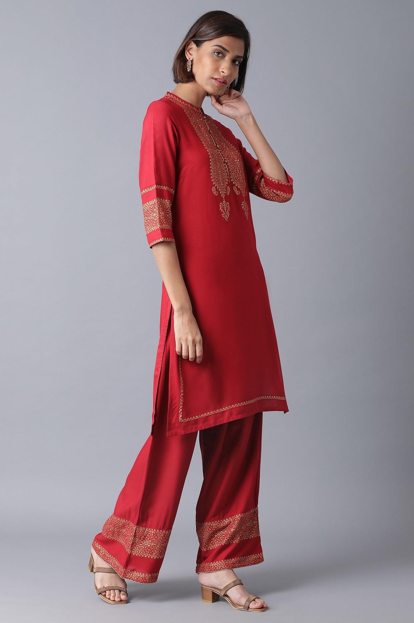 W for Woman Red Printed kurta-Parallel Pant Set