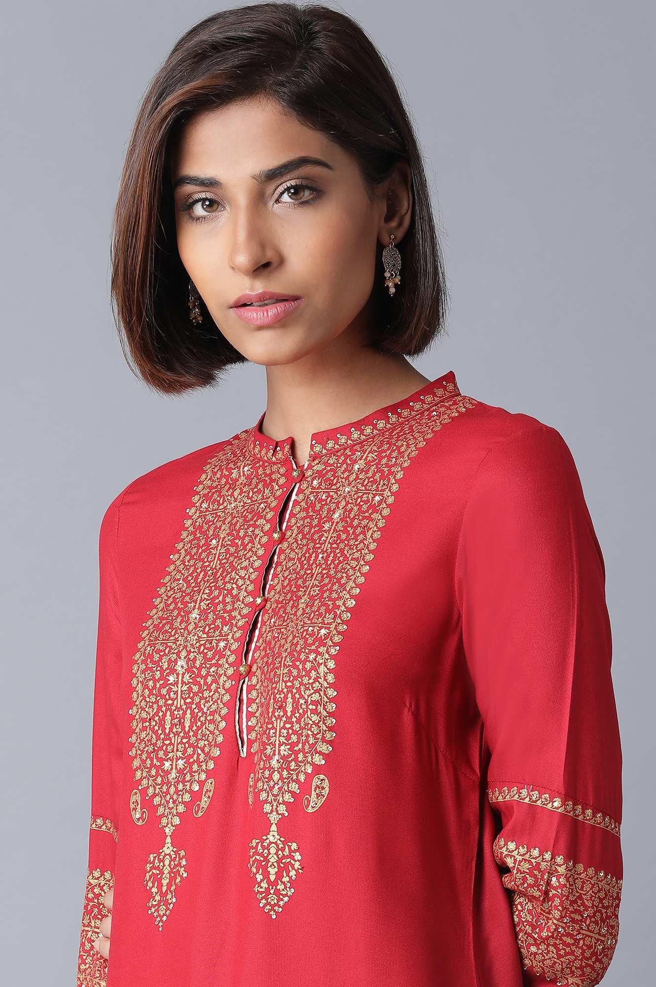 W for Woman Red Printed kurta-Parallel Pant Set