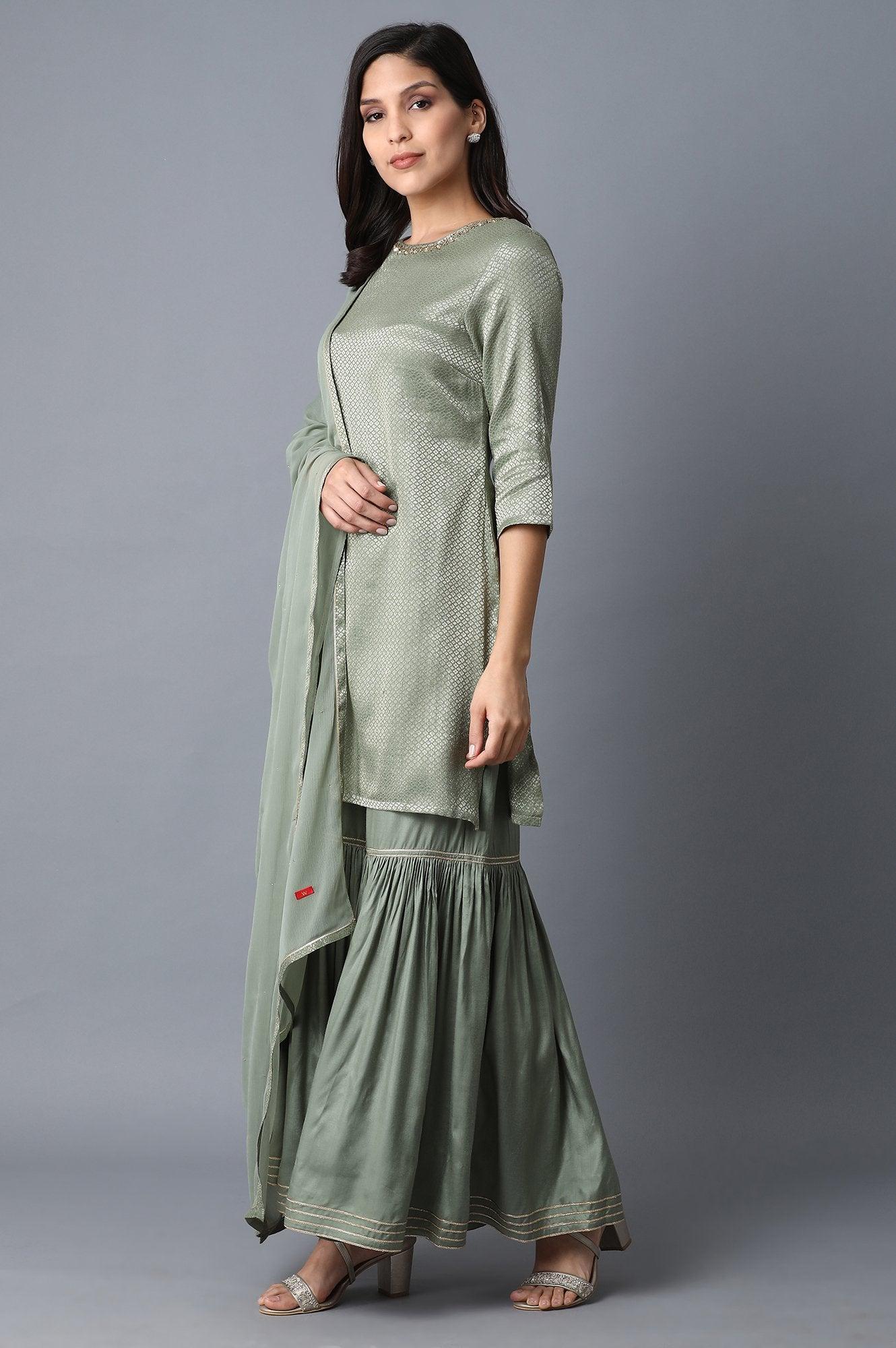 W for Woman Signature Green kurta-Sharara-Dupatta Set