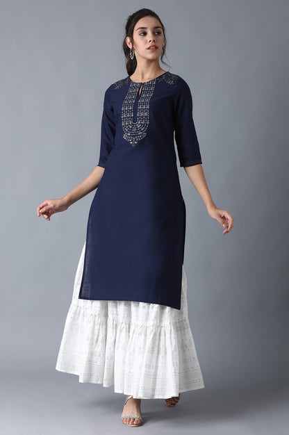 W for Woman Blue Solid kurta with Embroidery on Yoke