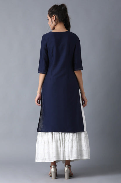 W for Woman Blue Solid kurta with Embroidery on Yoke