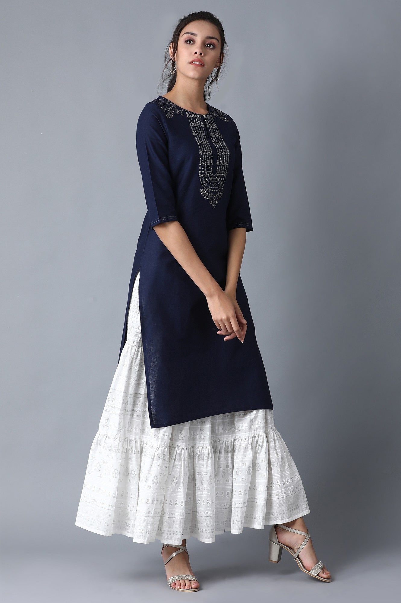W for Woman Blue Solid kurta with Embroidery on Yoke