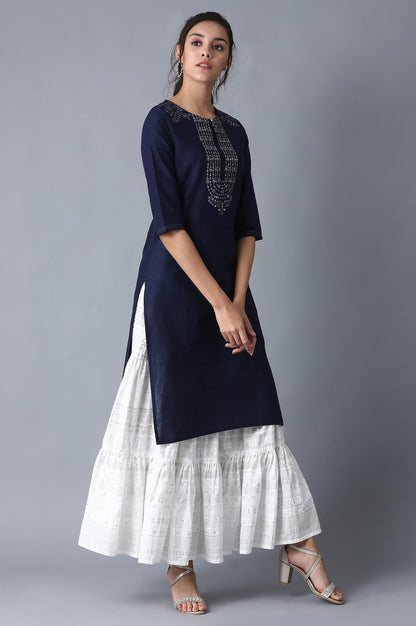 W for Woman Blue Solid kurta with Embroidery on Yoke