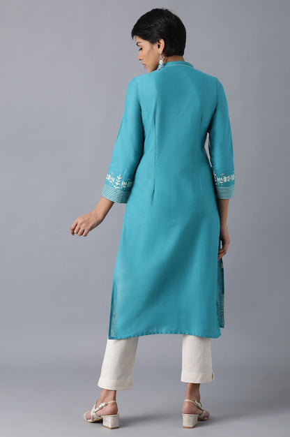 W for Woman Teal Flora Print Straight kurta in Mandarin Collar