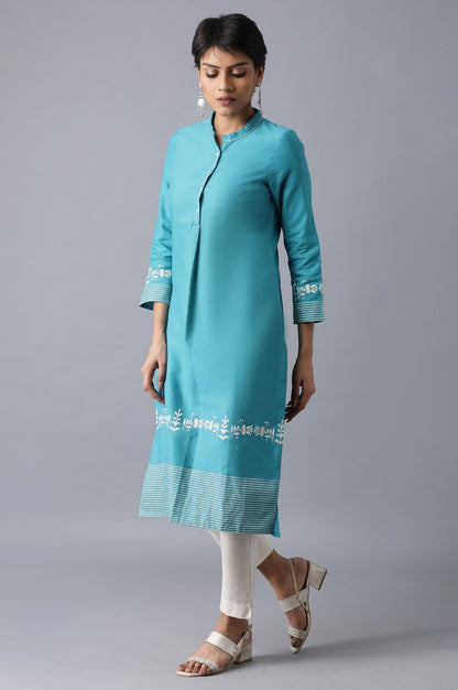 W for Woman Teal Flora Print Straight kurta in Mandarin Collar