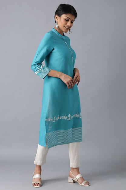 W for Woman Teal Flora Print Straight kurta in Mandarin Collar