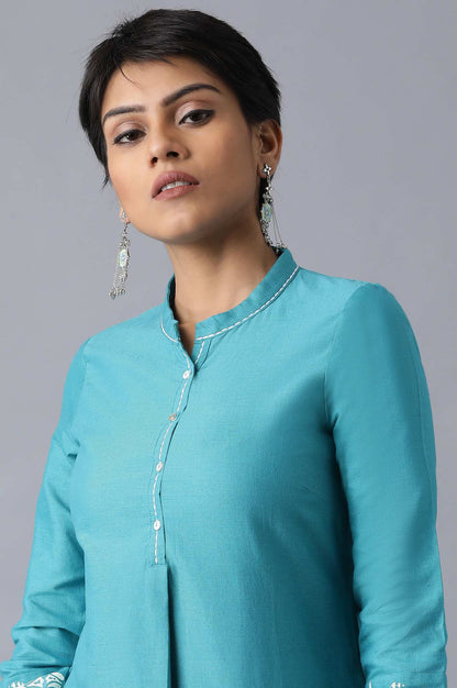 W for Woman Teal Flora Print Straight kurta in Mandarin Collar