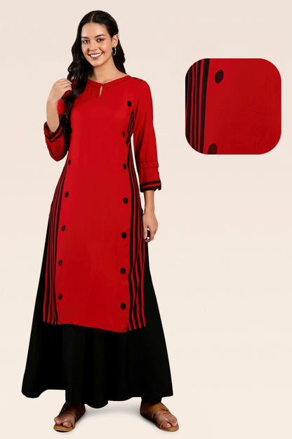 W for Woman Red Geometric Printed Keyhole Neckline Rayon Straight Kurta