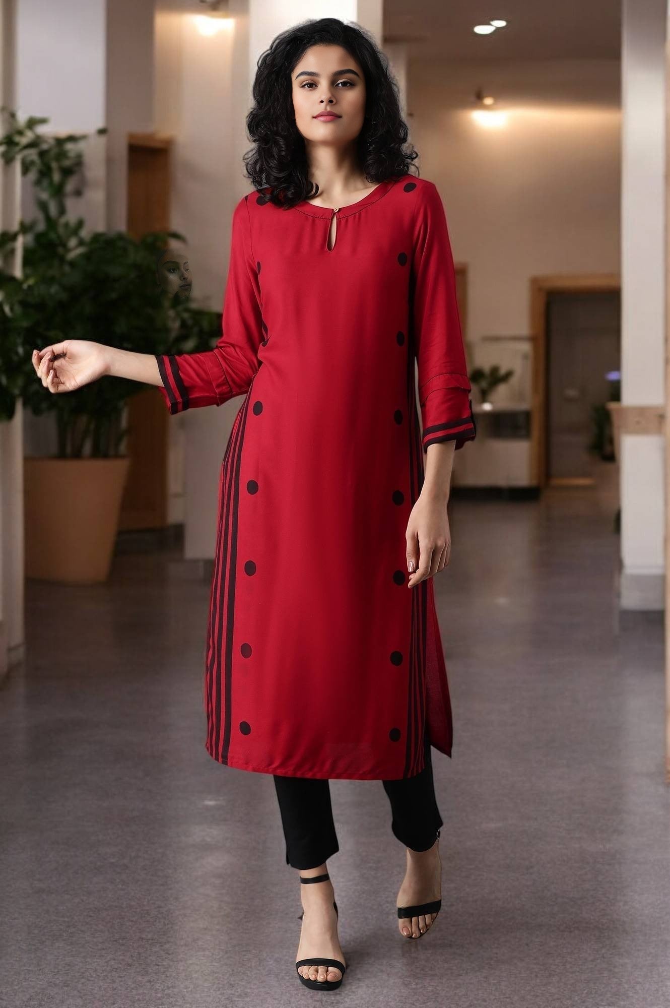 W for Woman Red Geometric Printed Keyhole Neckline Rayon Straight Kurta