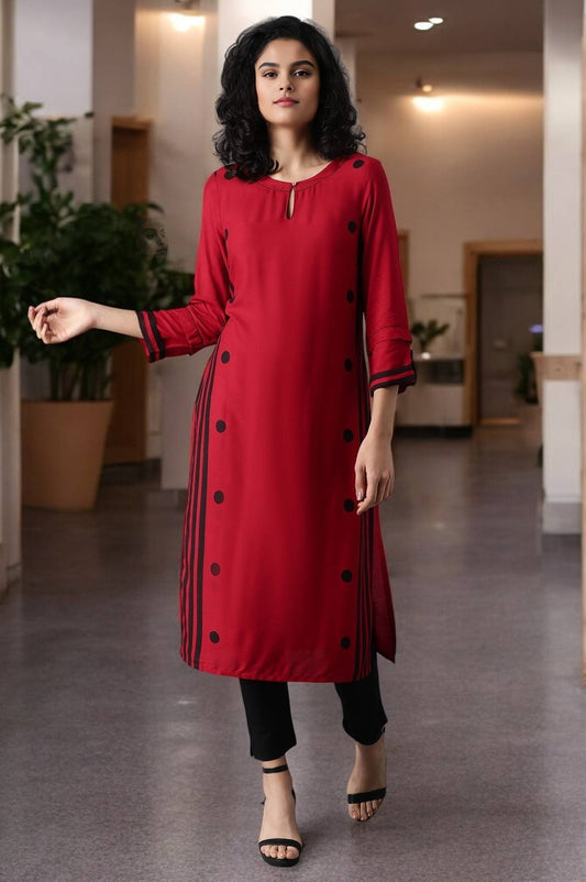 W for Woman Red Geometric Printed Keyhole Neckline Rayon Straight Kurta