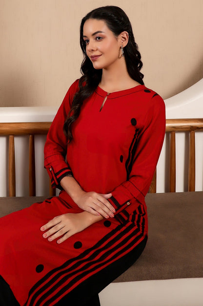 W for Woman Red Geometric Printed Keyhole Neckline Rayon Straight Kurta