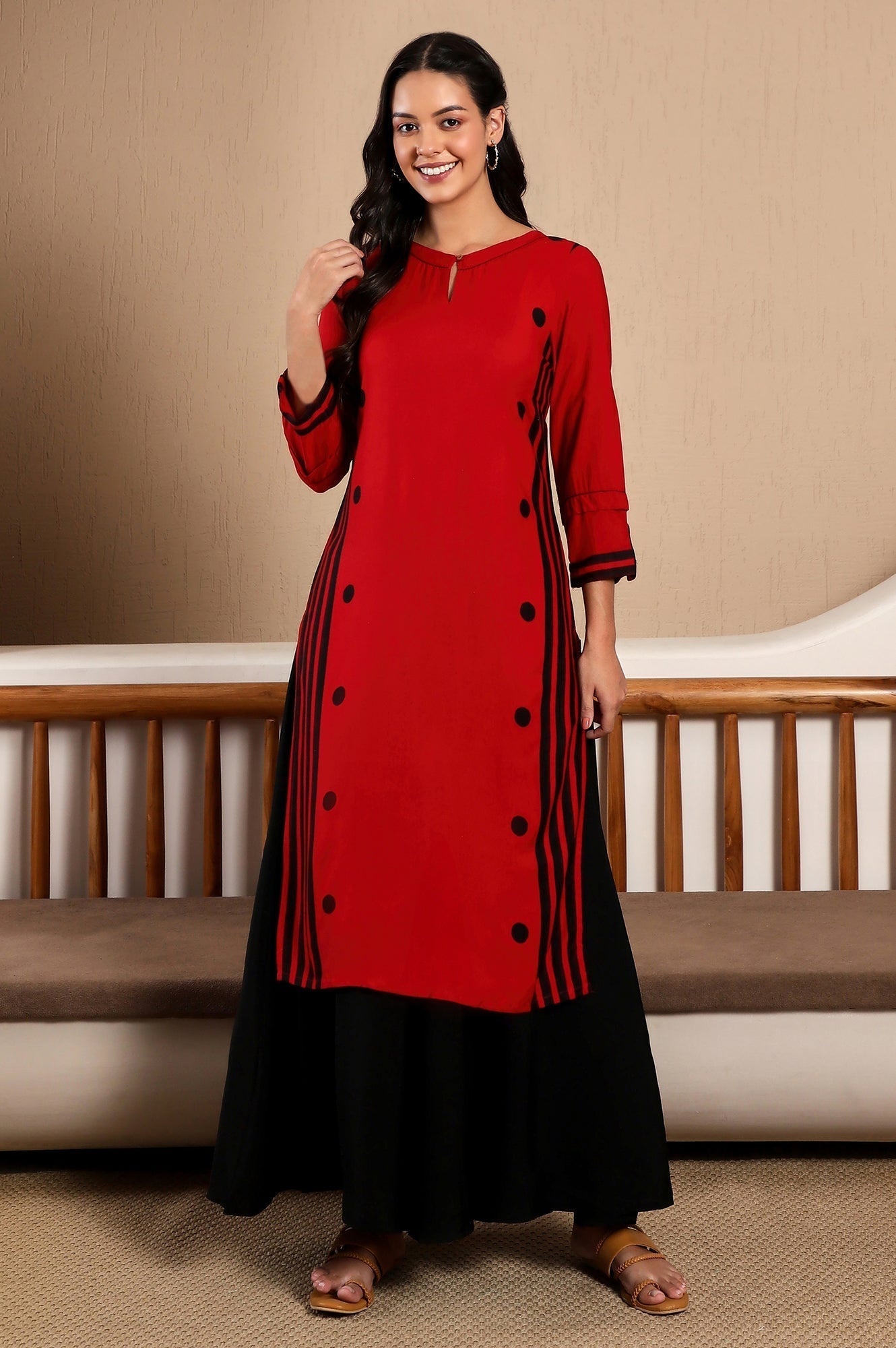 W for Woman Red Geometric Printed Keyhole Neckline Rayon Straight Kurta