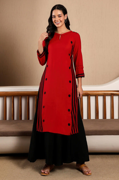 W for Woman Red Geometric Printed Keyhole Neckline Rayon Straight Kurta