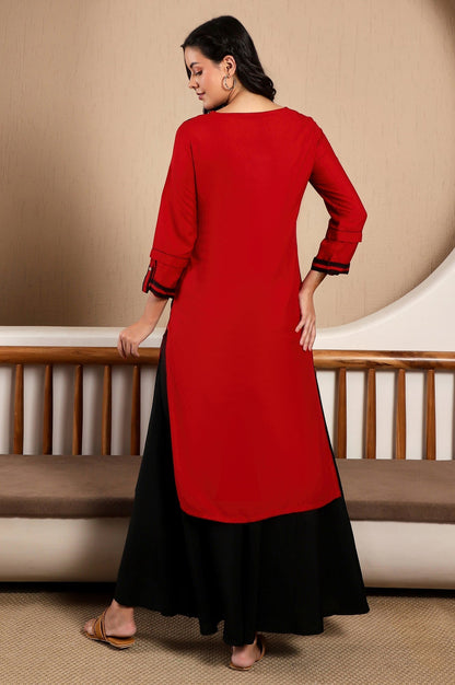 W for Woman Red Geometric Printed Keyhole Neckline Rayon Straight Kurta