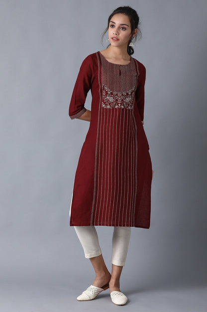 W for Woman Maroon Stripe Print Straight kurta with Embroidery