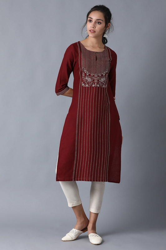 W for Woman Maroon Stripe Print Straight kurta with Embroidery
