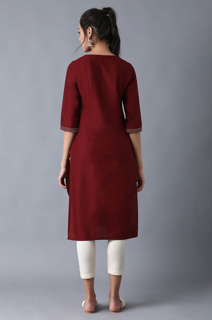 W for Woman Maroon Stripe Print Straight kurta with Embroidery