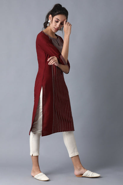 W for Woman Maroon Stripe Print Straight kurta with Embroidery