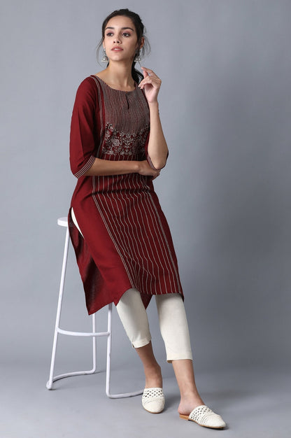 W for Woman Maroon Stripe Print Straight kurta with Embroidery
