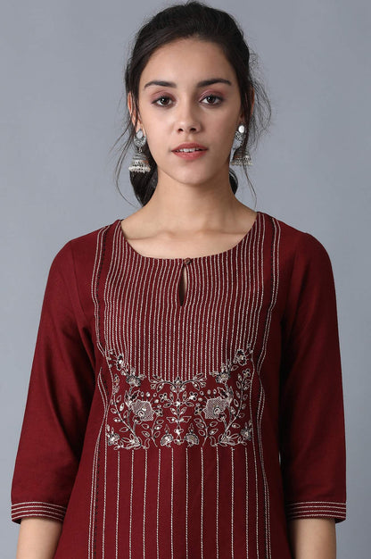 W for Woman Maroon Stripe Print Straight kurta with Embroidery