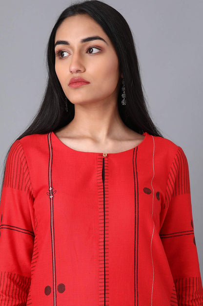 W for Woman Red Geometric Print Straight kurta in Boat Neck