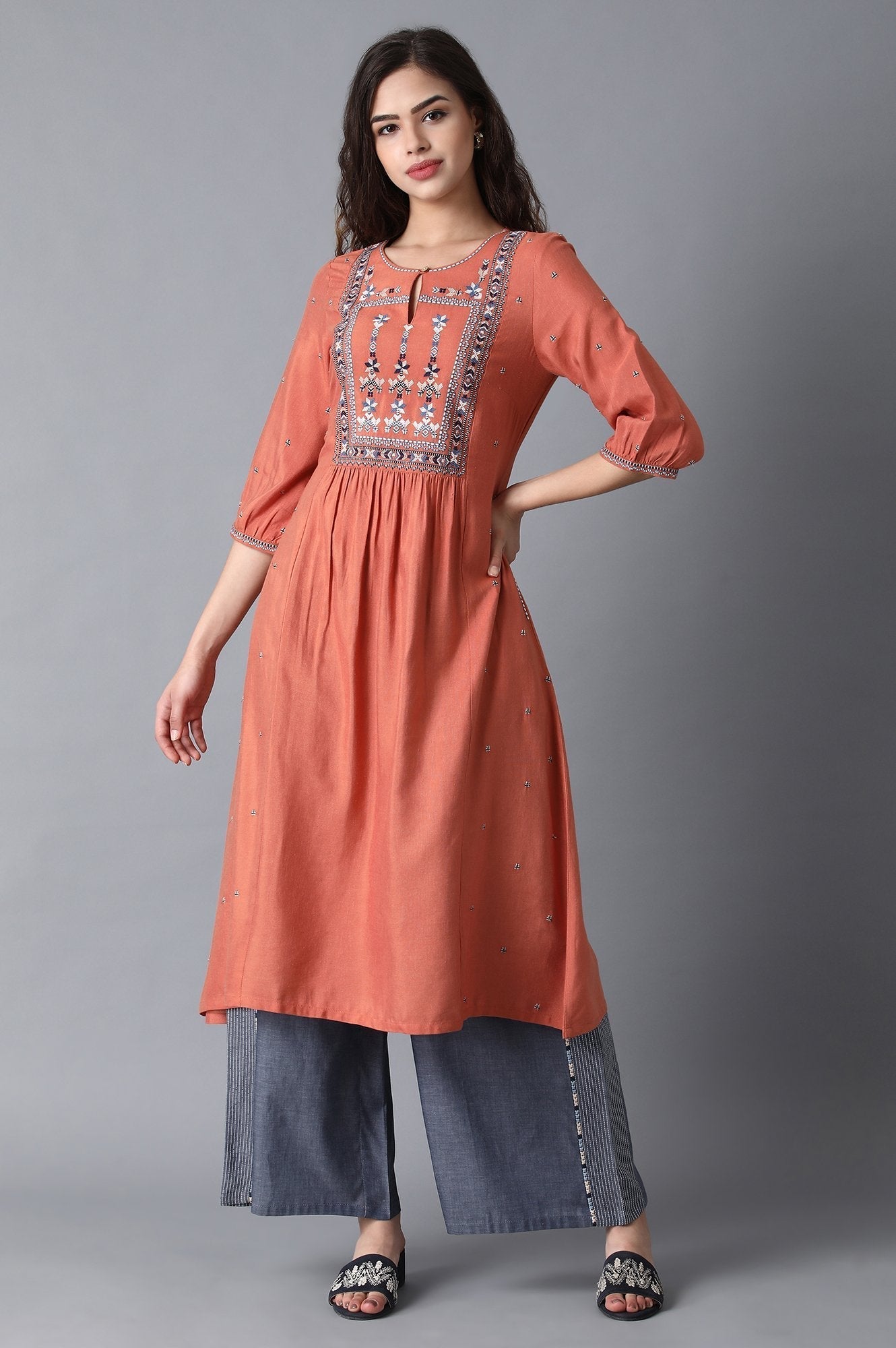 W for Woman Rust Orange Gathered Cotton Kurta with Flared Hem