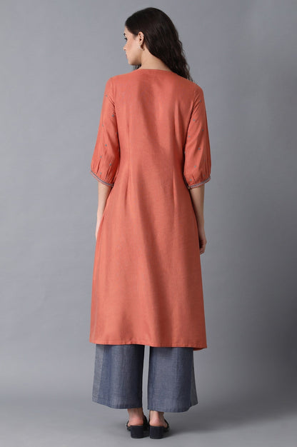 W for Woman Rust Orange Gathered Cotton Kurta with Flared Hem