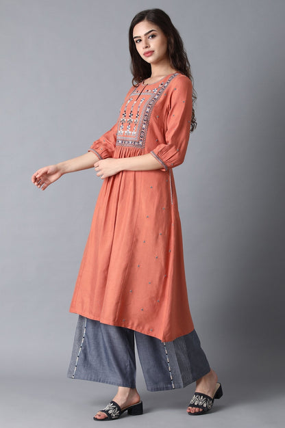 W for Woman Rust Orange Gathered Cotton Kurta with Flared Hem