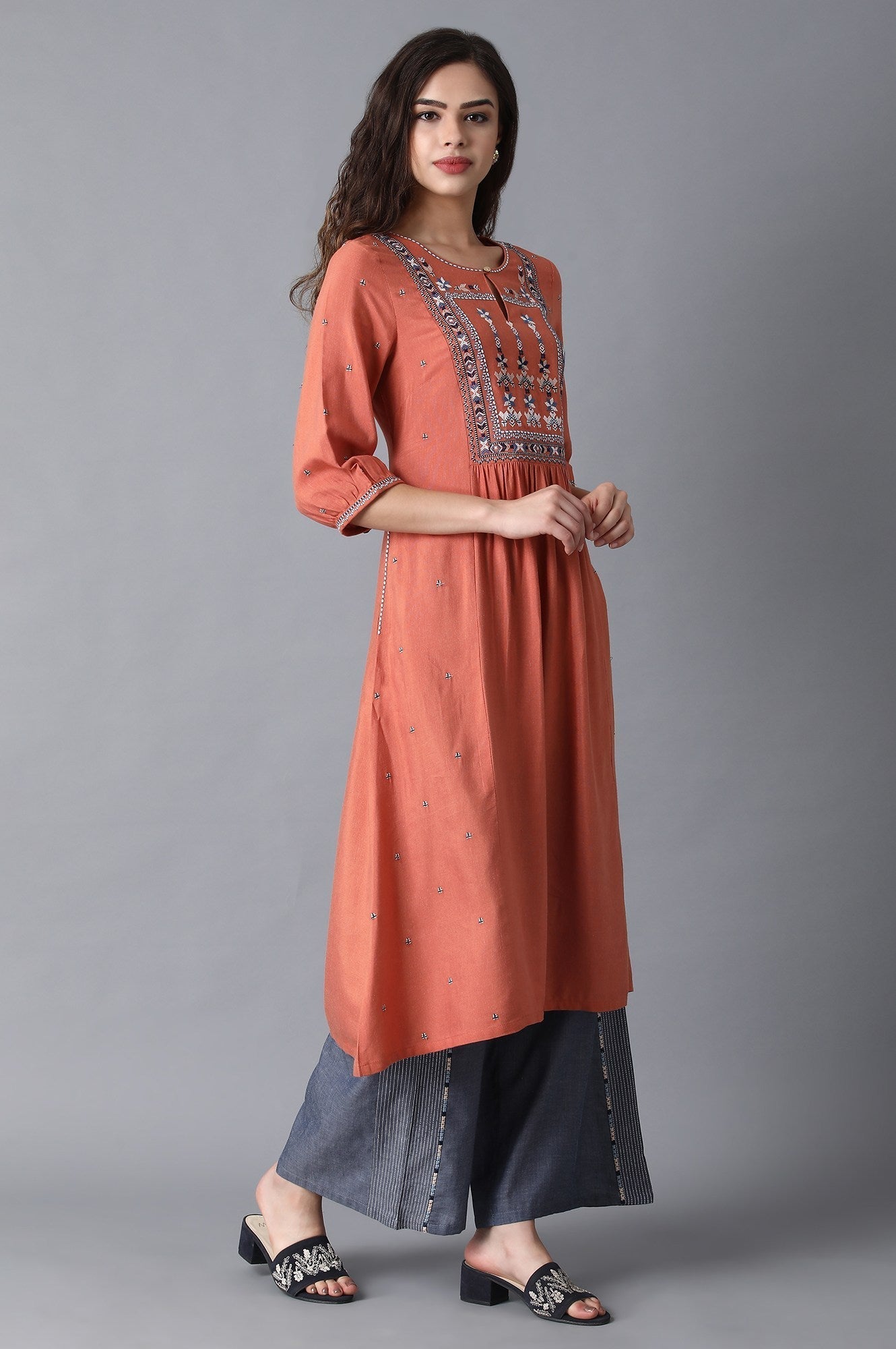 W for Woman Rust Orange Gathered Cotton Kurta with Flared Hem