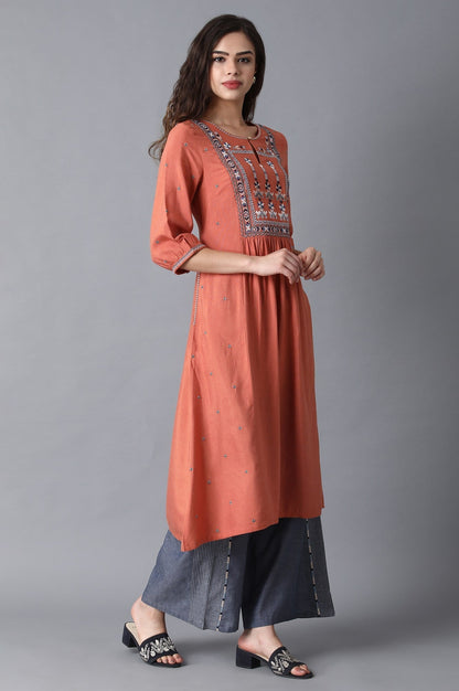 W for Woman Rust Orange Gathered Cotton Kurta with Flared Hem