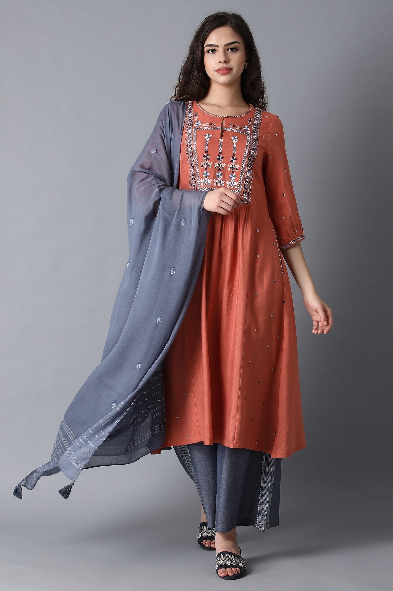 W for Woman Rust Orange Gathered Cotton Kurta with Flared Hem