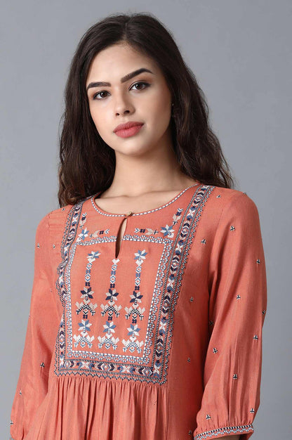 W for Woman Rust Orange Gathered Cotton Kurta with Flared Hem