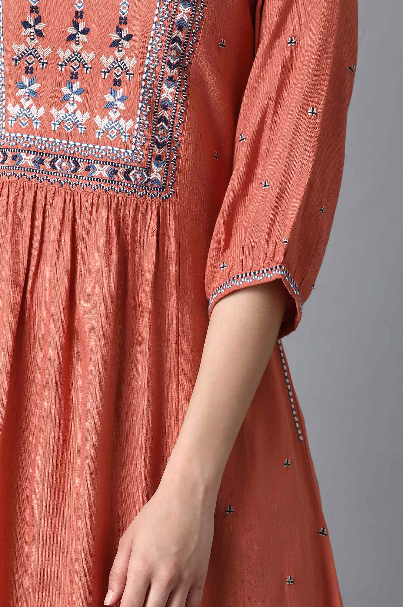 W for Woman Rust Orange Gathered Cotton Kurta with Flared Hem