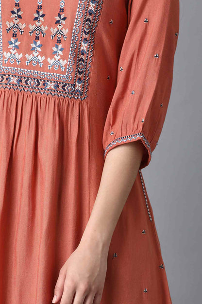 W for Woman Rust Orange Gathered Cotton Kurta with Flared Hem