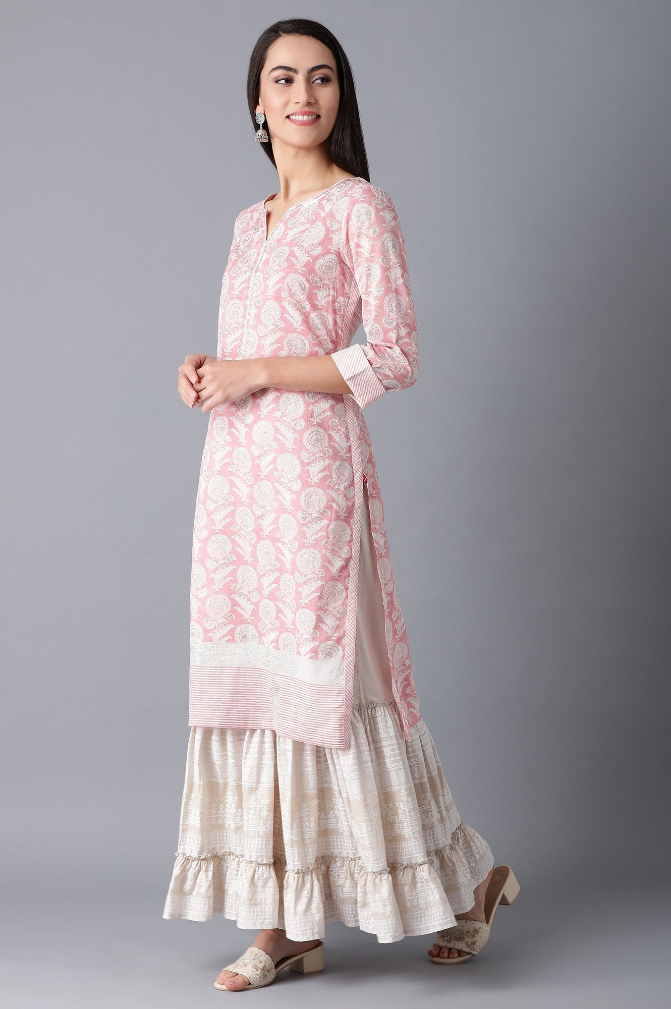 W for Woman Blush Pink Straight Floral Print kurta