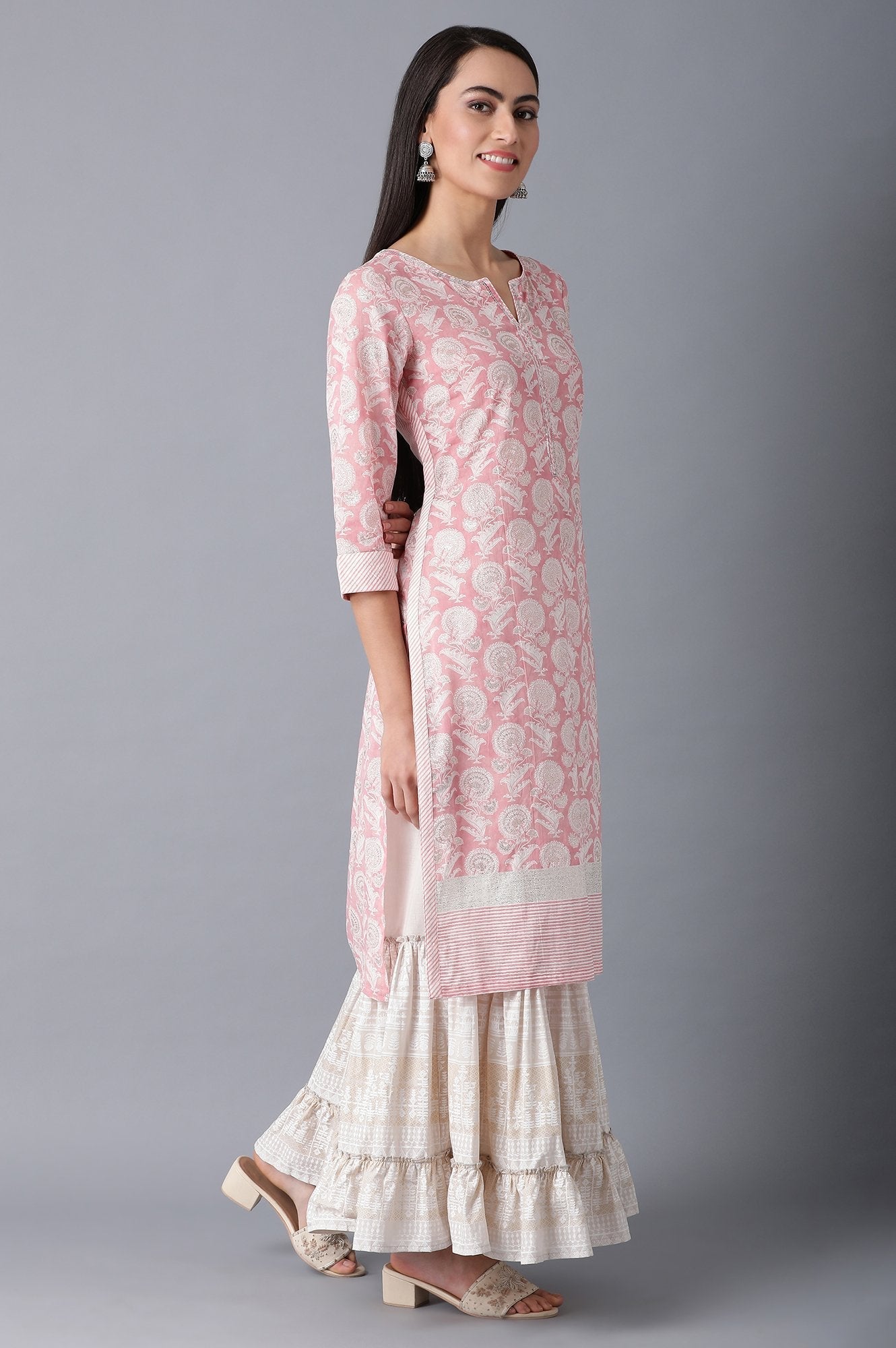 W for Woman Blush Pink Straight Floral Print kurta