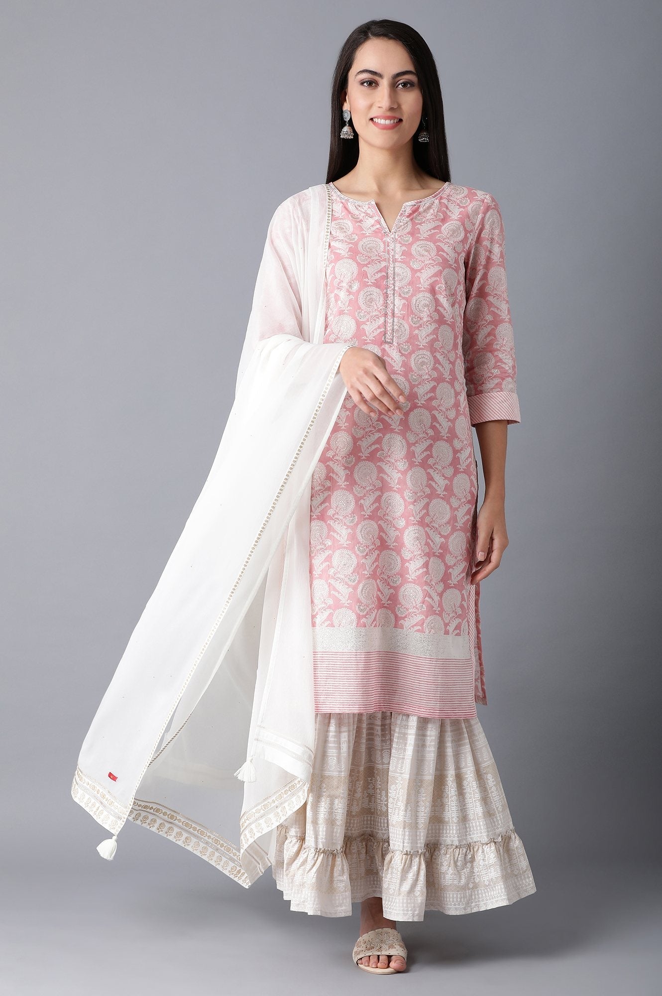 W for Woman Blush Pink Straight Floral Print kurta