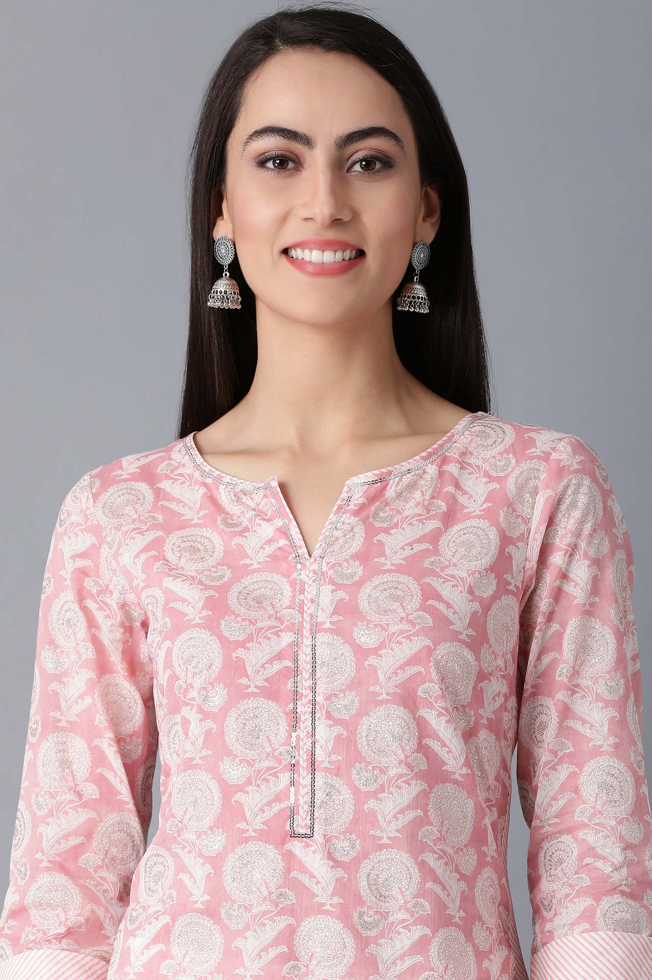 W for Woman Blush Pink Straight Floral Print kurta