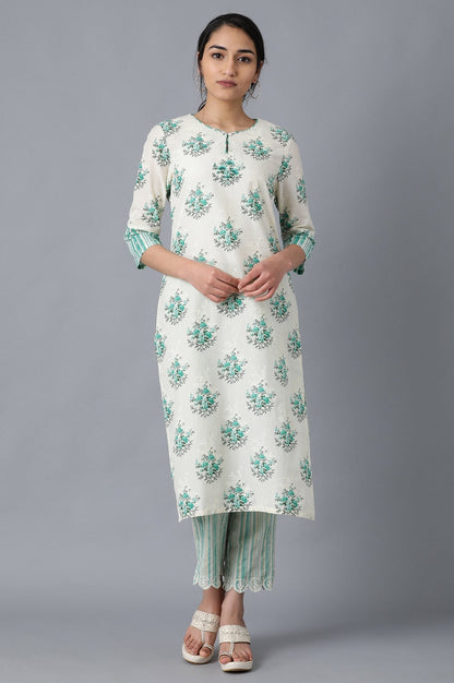 W for Woman Green and White Printed Straight kurta in Round Neck