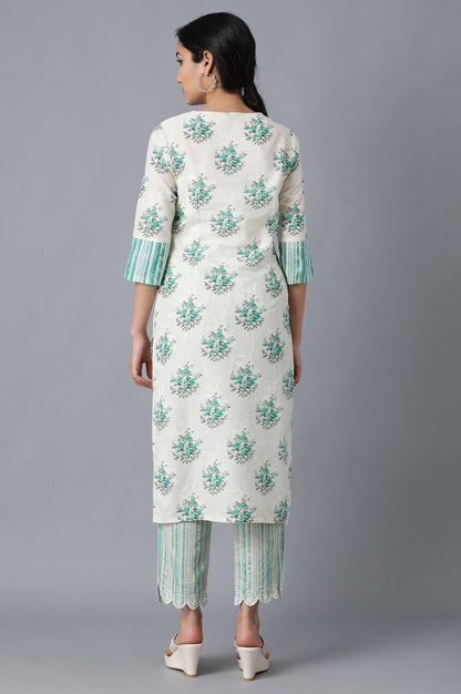 W for Woman Green and White Printed Straight kurta in Round Neck
