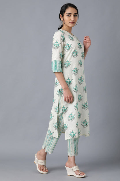 W for Woman Green and White Printed Straight kurta in Round Neck