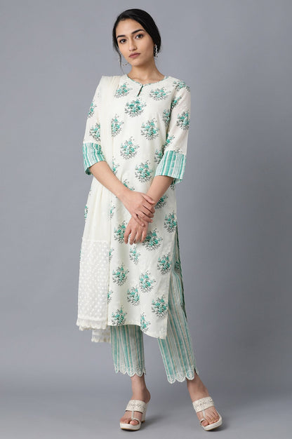 W for Woman Green and White Printed Straight kurta in Round Neck