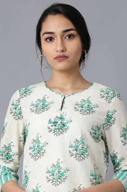 W for Woman Green Floral Printed Lace Pure Cotton Straight Kurta and Straight Pant Set