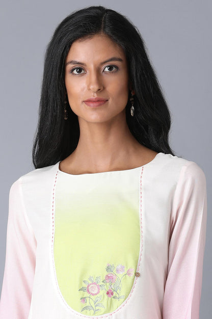 W for Woman Light Pink Solid Thread Embroidered Rayon Asymmetric Kurta and Slim Pant Set