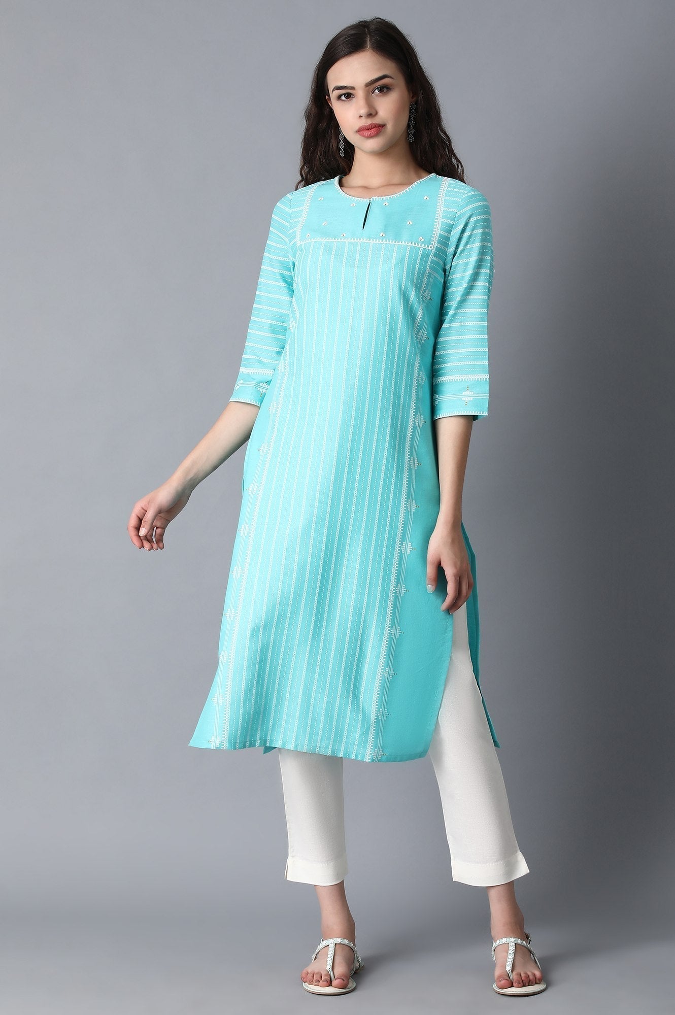 W for Woman Turquoise Round Neck Printed kurta