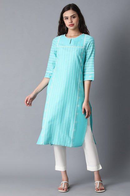 W for Woman Turquoise Round Neck Printed kurta