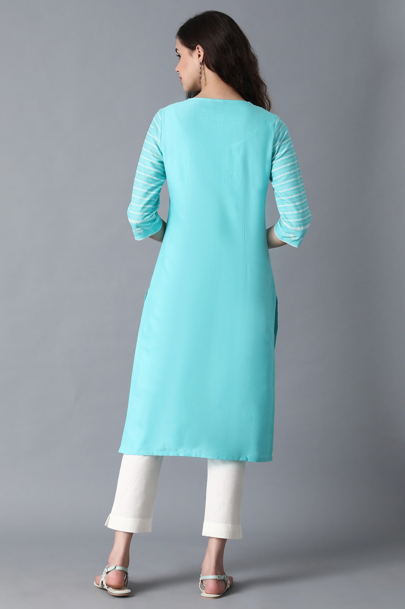 W for Woman Turquoise Round Neck Printed kurta